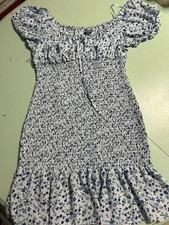 Wild Fable Floral Smocked Mini Dress Size S White/Blue Square Neck Puff Sleeve