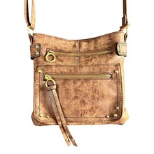 Brown Distressed Faux Leather Crossbody Bag Gold Studded Multi Pocket Purse