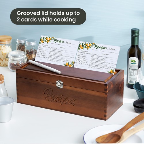 Acacia Wood Large Recipe Box with 100 Cards 4x6, 8 Dividers - Wooden ...