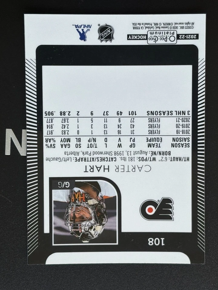 Carter Hart 2021-22 O-Pee-Chee Platinum #108 Philadelphia Flyers - Image 2 of 2