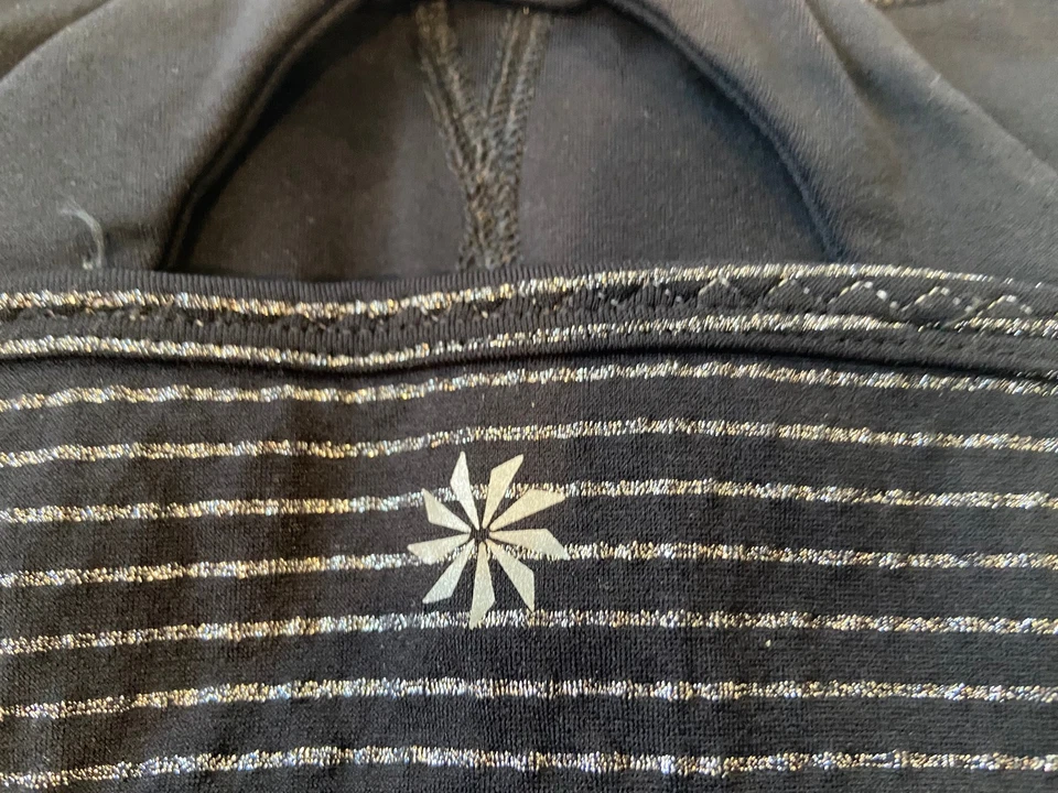 Sujetador Deportivo ATHLETA Talla M Negro con Rayas Plateadas Tirantes Espalda Yoga Gimnasio Activo Foto 3 de 4