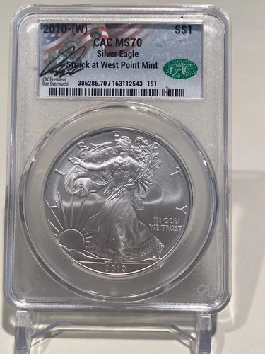 2010 W $1 AMERICAN SILVER EAGLE CAC MS70 RON DRZEWUCKI. Struck at West Point