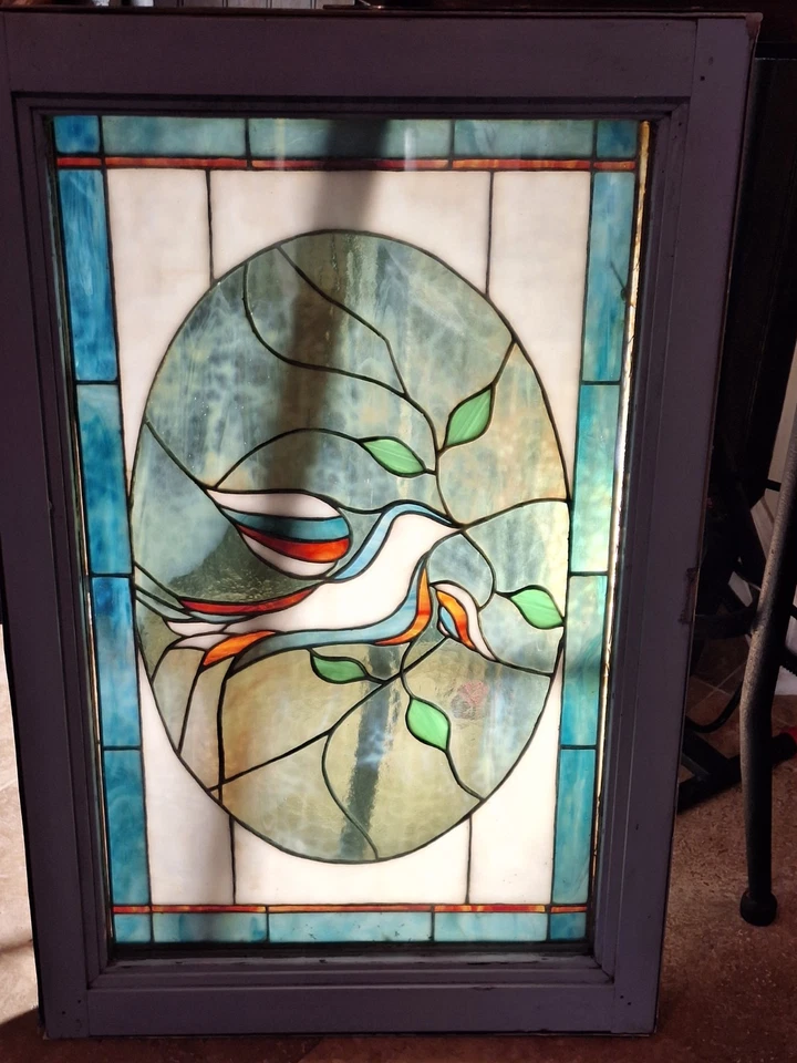 1920s ANTIQUE STAINED GLASS WINDOW - 28 by 14 Red, White, and Blue Dove of Peace - Image 2 of 4