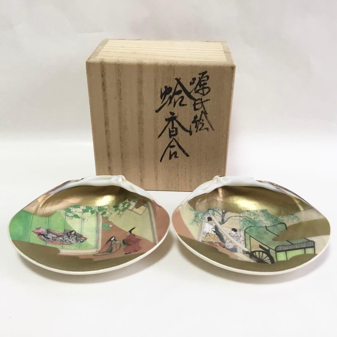 Genji Painting Incense Container Clam Tea Utensils Antique Used