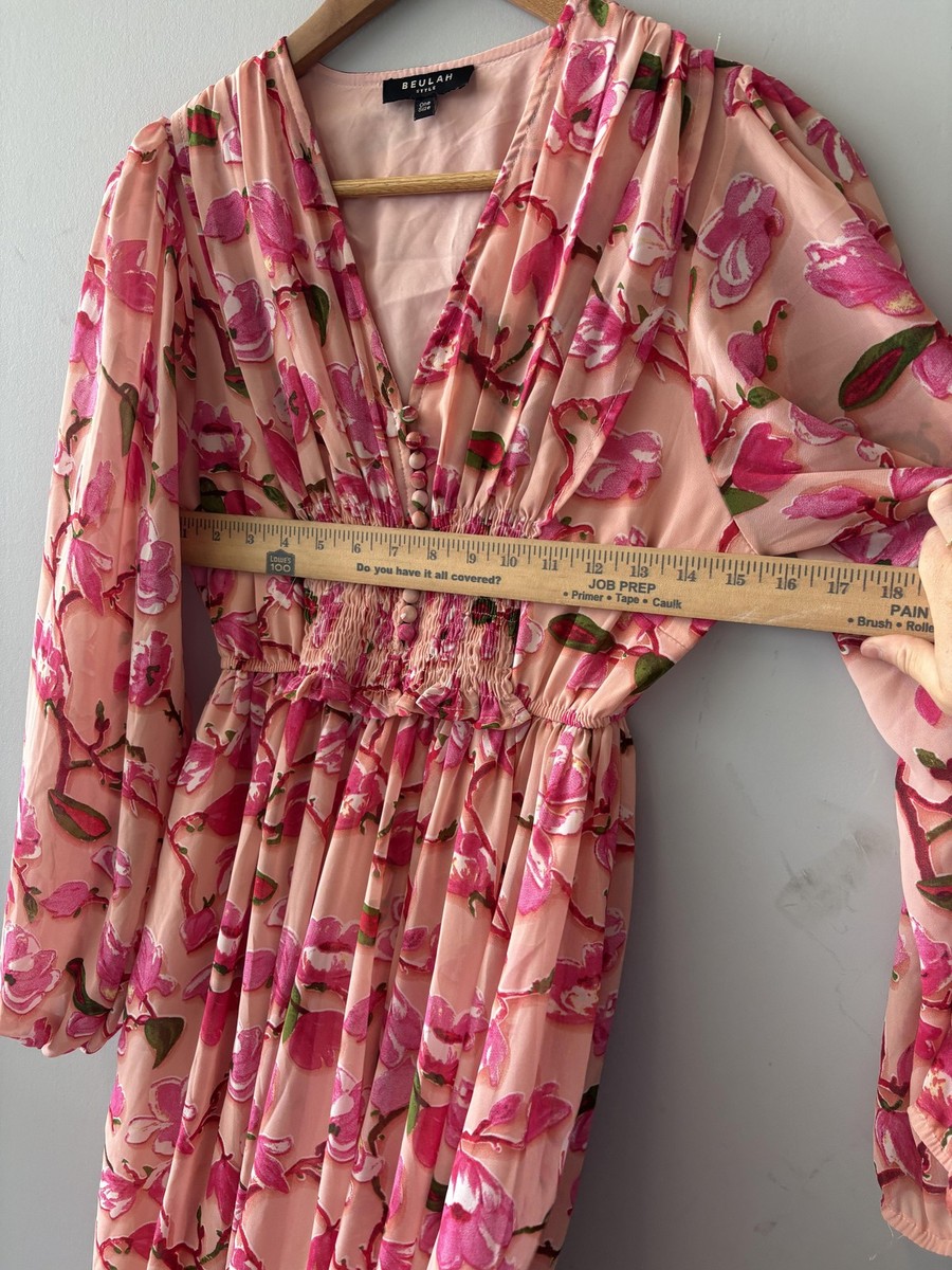 open lace back dress Beulah Styles Short Vintage Long Sleeve Mini Dress - Pink - Size S