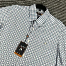 Cremieux Performance Shirt Mens Medium Blue Plaid Short Sleeve Button Up New