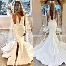 Mermaid Wedding Dresses With Split Deep V Neck Satin White Ivory Bridal Gowns