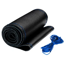 Genuine Leather DIY Car Steering Wheel Cover Anti-slip For 15"/38 cm Black Blue