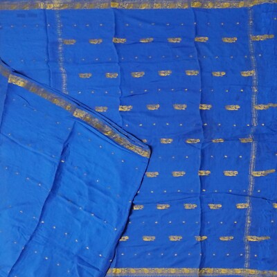 Vintage Blue Sarees 100% Pure Mysore Crepe Silk Zari Woven Sari 5YD Craft Fabric