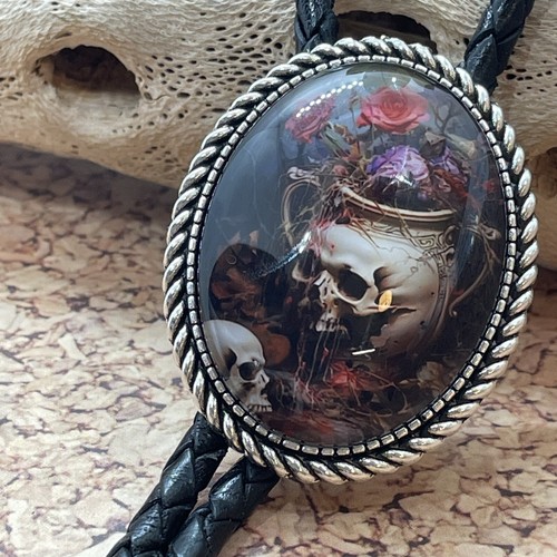 Gothic Skull Rose Witch Leather Bolo Tie Lariat Necklace Wedding Purple Death - Picture 3 of 17