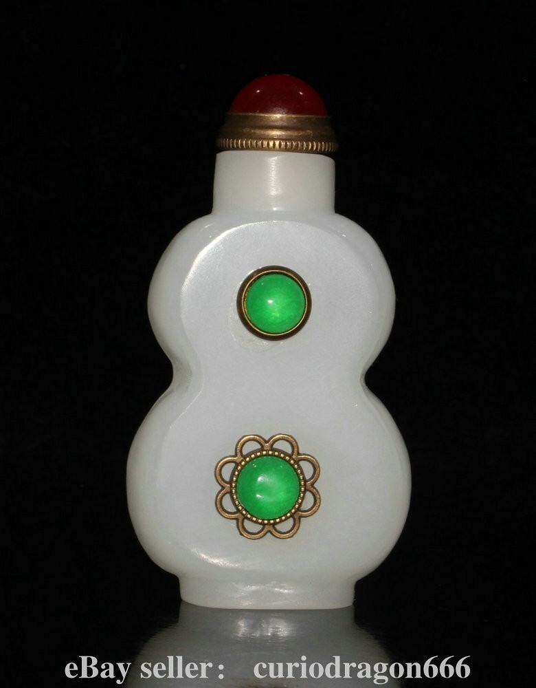 3" Chinesische Glasur eingelegt Grün Jade Edelstein Kürbis Statue Snuff Flasche