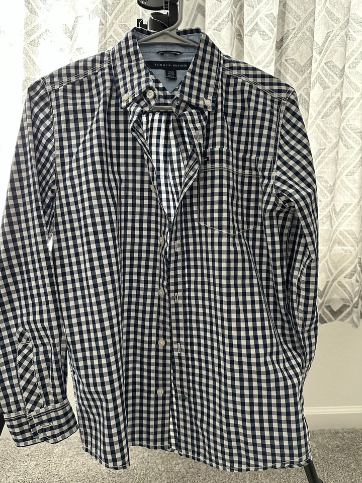 Camisa Tommy Hilfiger de algodón con botones a cuadros azul rojo talla L (16/18) Foto 3 de 4