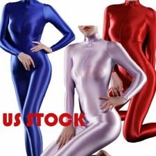 Womens Shiny Bodysuit Long Sleeves Double Zip Leotard Smooth Catsuit Jumpsuit