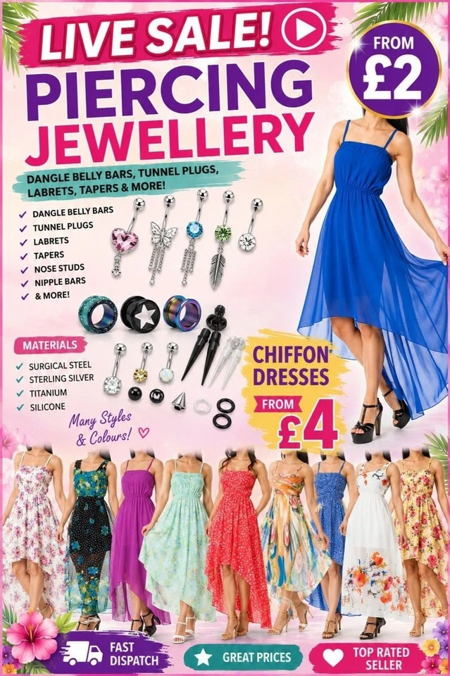 £2 Body Piercing Starts | £4 Flowy Dresses UK Sizes 6, 8 & 10