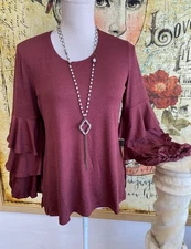 Slinky Brand Marsala Wine Tiered Blouson-Sleeve Ruffle Tunic Top New