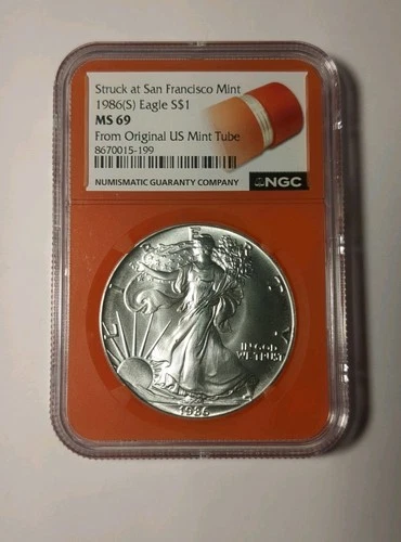 1986 (S) Silver Eagle NGC MS69 - Original US Mint Tube (Exclusive Orange Core)