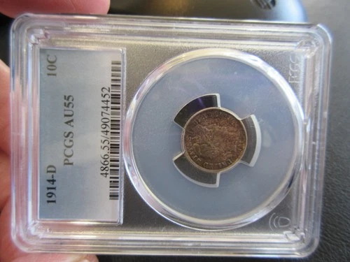1914-D AU55 BARBER (10c) DIME - BETTER DATE PCGS GRADED #4866.55/49074452