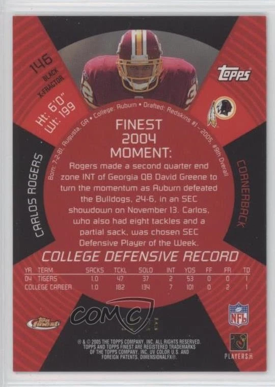 2005 Topps Finest Black X-Fractor /25 Carlos Rogers #146 Rookie RC - Image 2 of 2