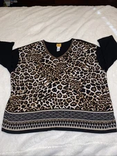 Ruby Rd Plus Size 2X Animal Leopard Print Knit Black V-neck Top Tunic 3/4 Sleeve