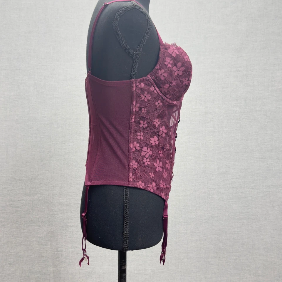 Victoria's Secret Corsé Bustier Cordones Deshuesado Liguero Borgoña Talla L LEER Foto 2 de 4