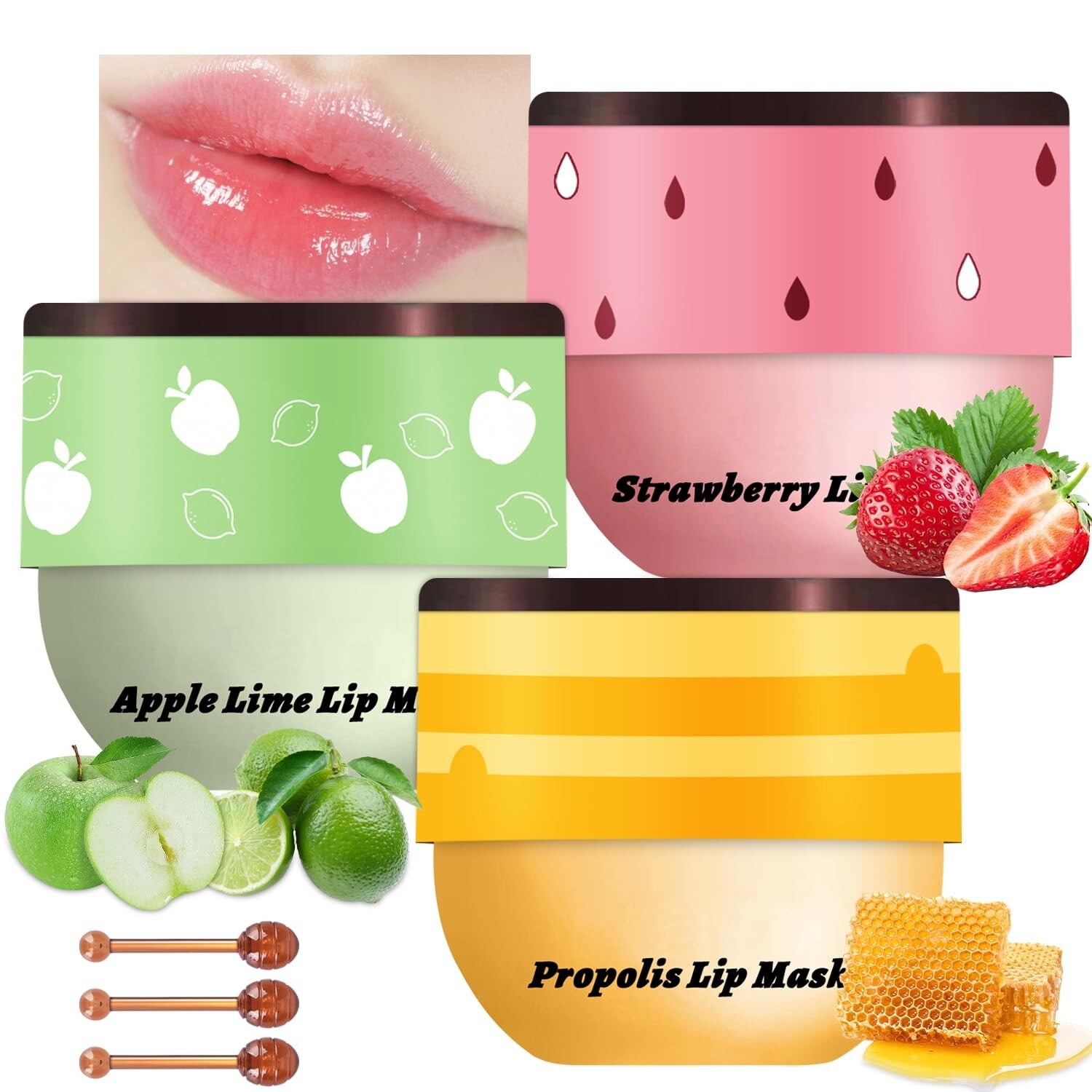 3PCS Lip Balm Honey,Strawberry & Apple Lime Lip Mask Overnight Moisturizing