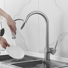 Brass Pull Out Kitchen Faucet Single Handle Single Hole Sink Mixer Tap Brushed