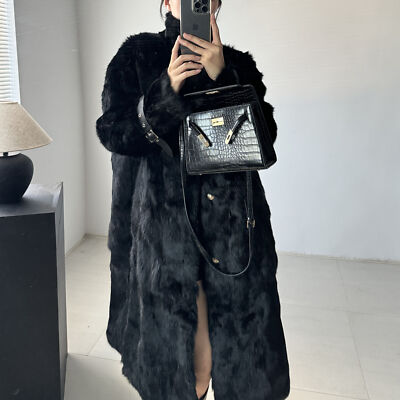 Western Real Rabbit Fur Womens Stand Collar Mid Long Trench Coat