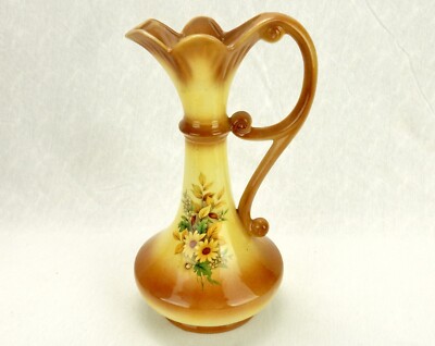 12'' Porcelain Water Pitcher, Broad Bottom, Scroll Handle, Daisies, Vintage