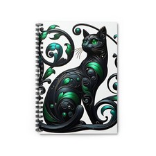 Spiral Notebook Ruled Line 3D Art Nouveau Black Cat Green Style Design 2, Gift