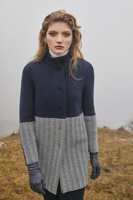 SAOL Herringbone Long Cardigan Women's Aran Coat Irish Soft Merino Wool Blend