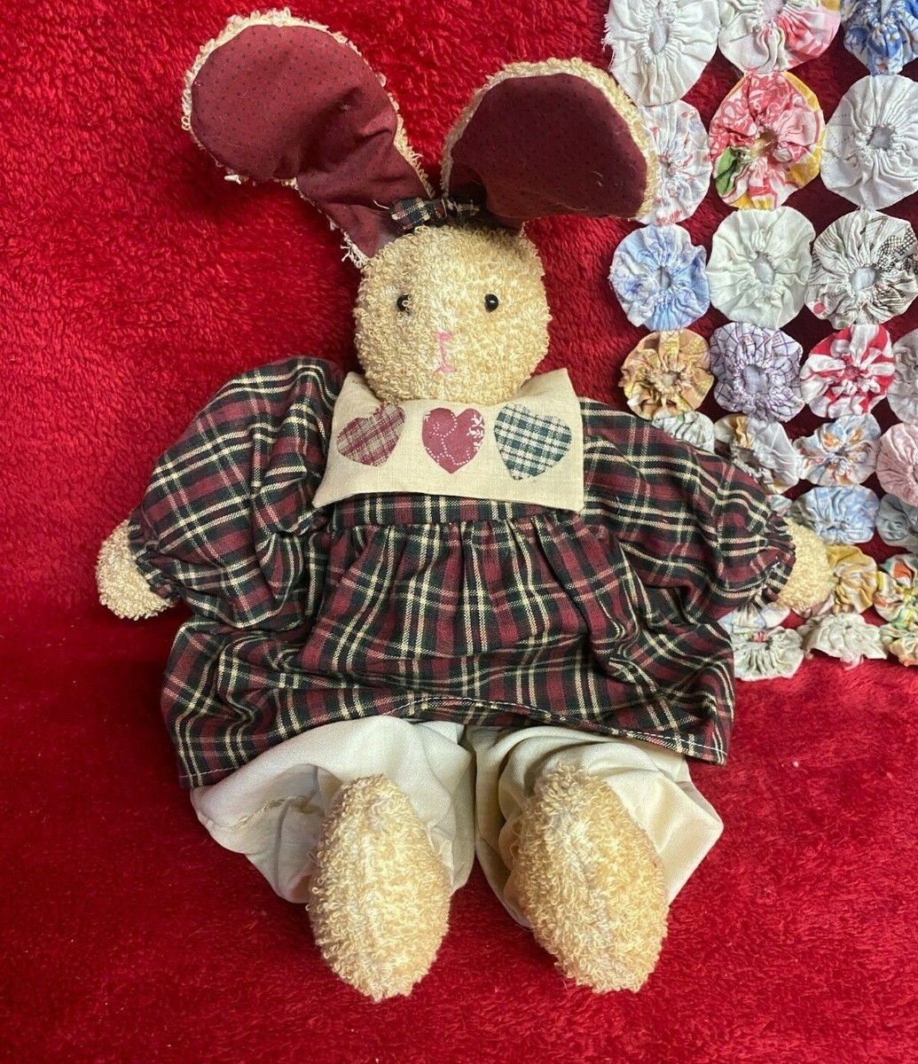 Stuffed Country Bunny Rabbit Doll in Plaid Dress with Hearts