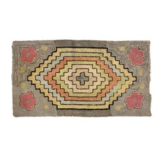 Antiqueb1900s Geometric Stepped Diamond Hook Wool Rug Arts Crafts Folk Art