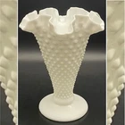 Fenton White Milk Glass Ruffled Crimped Hobnail Trumpet Vase c1970s USA 7.75"t