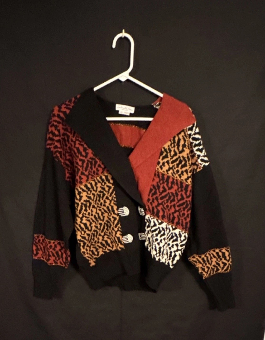Vintage Antonella Preve New York Animal Print Colorblock Cardigan Sweater L