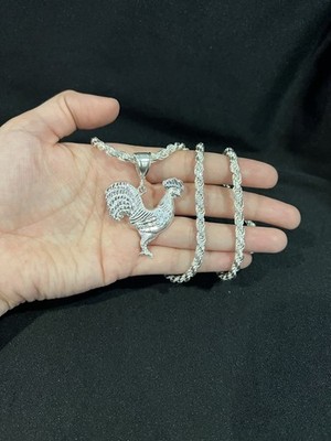925 Sterlingsilber Herren großer Hahn Huhn Gallo Anhänger & Seil Kette 24 26 30