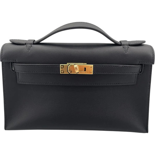HERMES Pochette Kelly Black Swift Leather Handbag D Stamp #OKB264