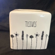 Rae Dunn Stem Line "TISSUES" Ceramic Tissue Box Cover Holder Tall Flowers