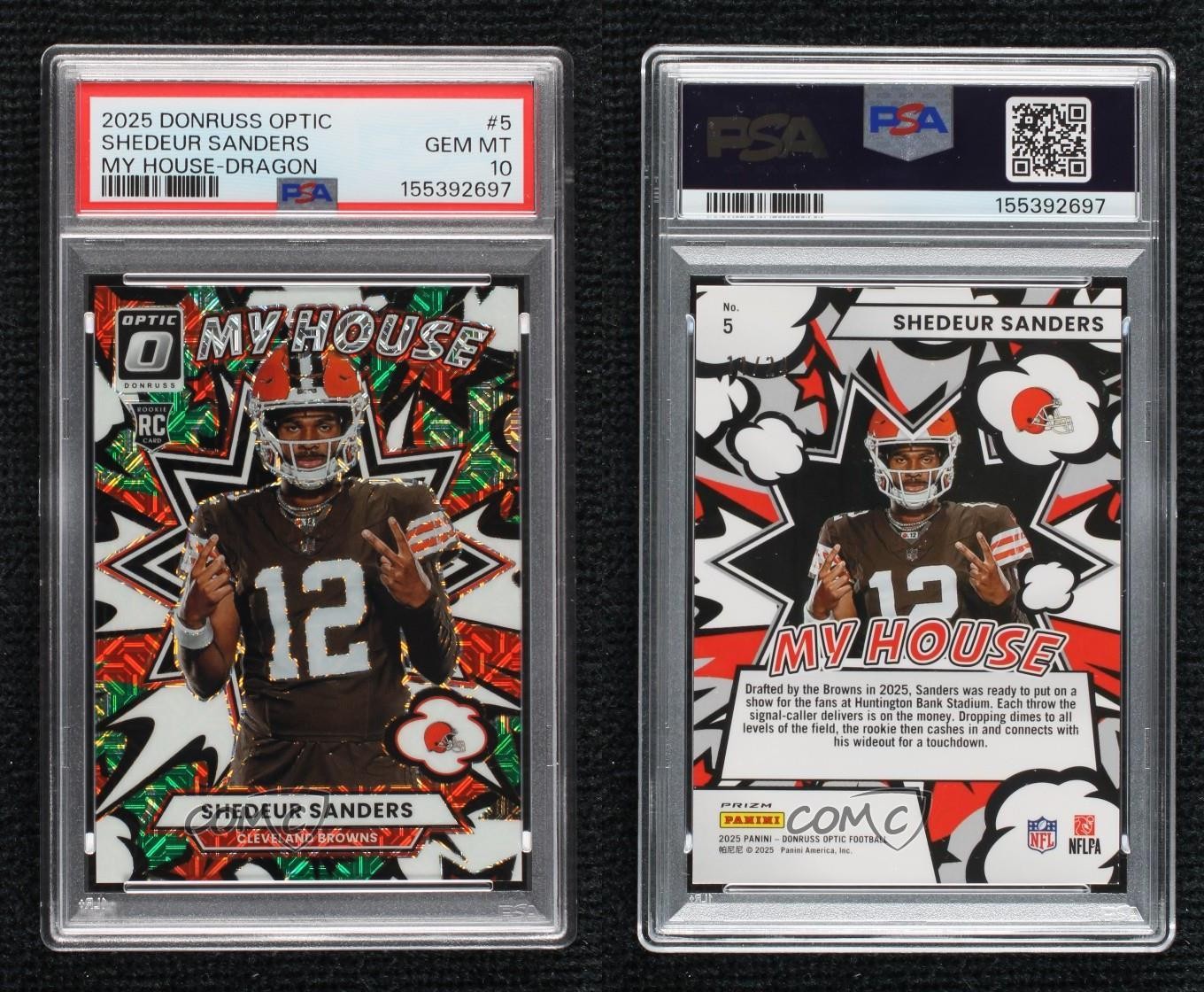 2025 Donruss Optic My House! Dragon Prizm 11/24 Shedeur Sanders PSA 10 Rookie RC view 3
