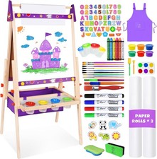 Kids Wooden Art Easel Adjustable 2-in-1 Whiteboard Chalkboard Drawing Purple