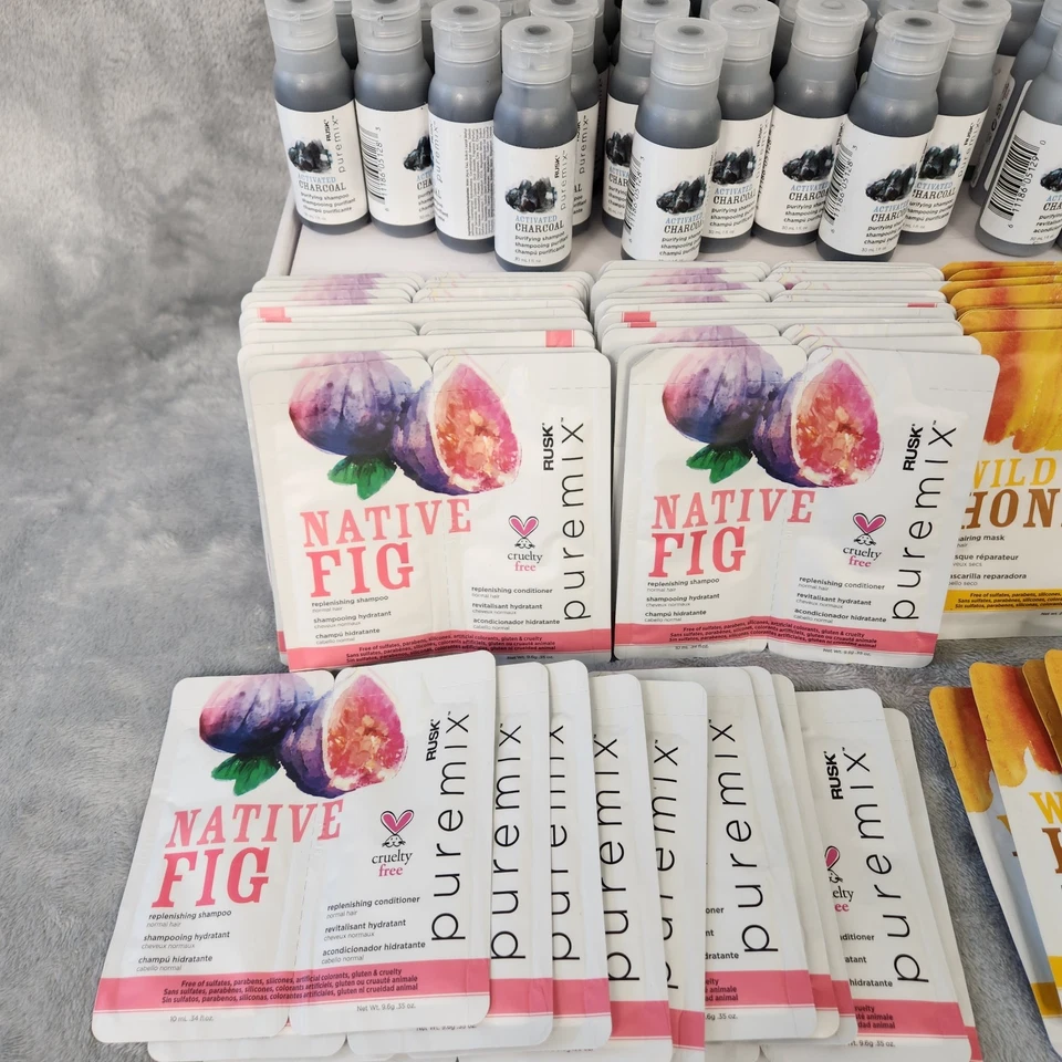 ENORME LOTE 160 muestras de cuidado del cabello Rusk/tamaños de viaje champú, mascarilla acondicionadora LEER Foto 2 de 4