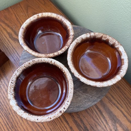 Hull Pottery Brown Drip  3pc Rimmed Fruit Dessert Bowl 5  3/ 8"  Oven Proof USA