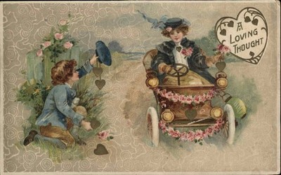 WINSCH SCHMUCKER VALENTINE Boy Hails Woman Driver Fancy Car EMB Postcard