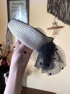 1950s Cream Straw Pillbox Hat with Silk Veil
