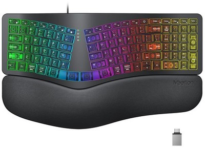 MEETION Wired Ergonomic Keyboard, 7 Colors Transparent Backlit, 4 Brightness, 1
