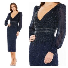 Mac Duggal Midnight Sequined V Neck Bishop Sleeve Dress Size 8 $498 93593