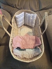 Woven Beige Baby Moses Basket with Handles, Blanket, 2 Pillows and Mattress