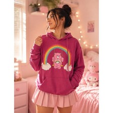 Care Bears Women's M Pink Rainbow Hoodie Cheer Bear Fuchsia Sweatshirt