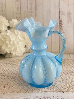 Vintage Fenton Blue Overlay Ruffled Pitcher w Handle MCM Mid Century Art Glass