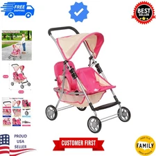 Twin Doll Double Stroller - Floral Design, Easy-Fold & Adjustable Handle