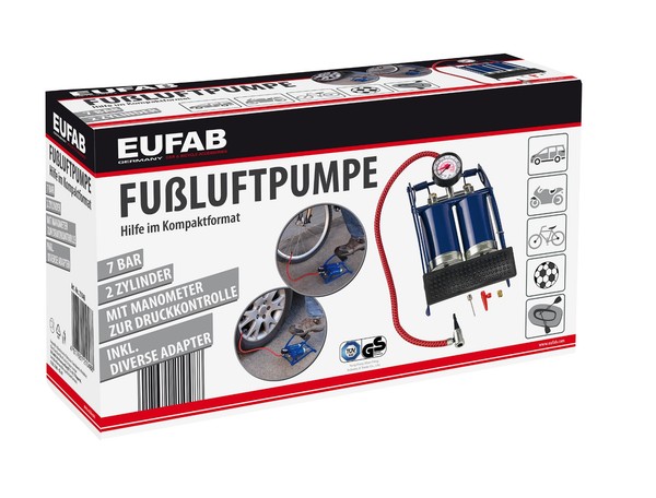 Doppelzylinder FußLuftpumpe TÜV/Gs Luftpumpe Mit Manometer Fahrrad Pkw Eufab-image